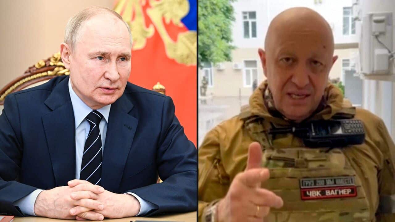 A split image of a man in a suit and another in military gear