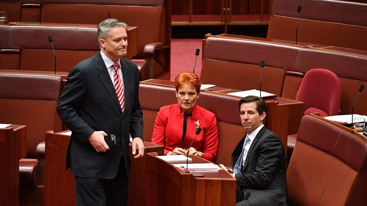 Minister for Finance Mathias Cormann, One Nation leader Senator Pauline Hanson and Minister for Education Simon Birmingham before the tax vote in the Senate.