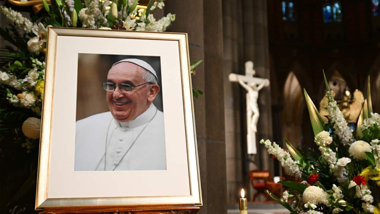 A picture of Pope Francis at St Patrick’s Cathedral in Melbourne, Tuesday, April 22, 2025.