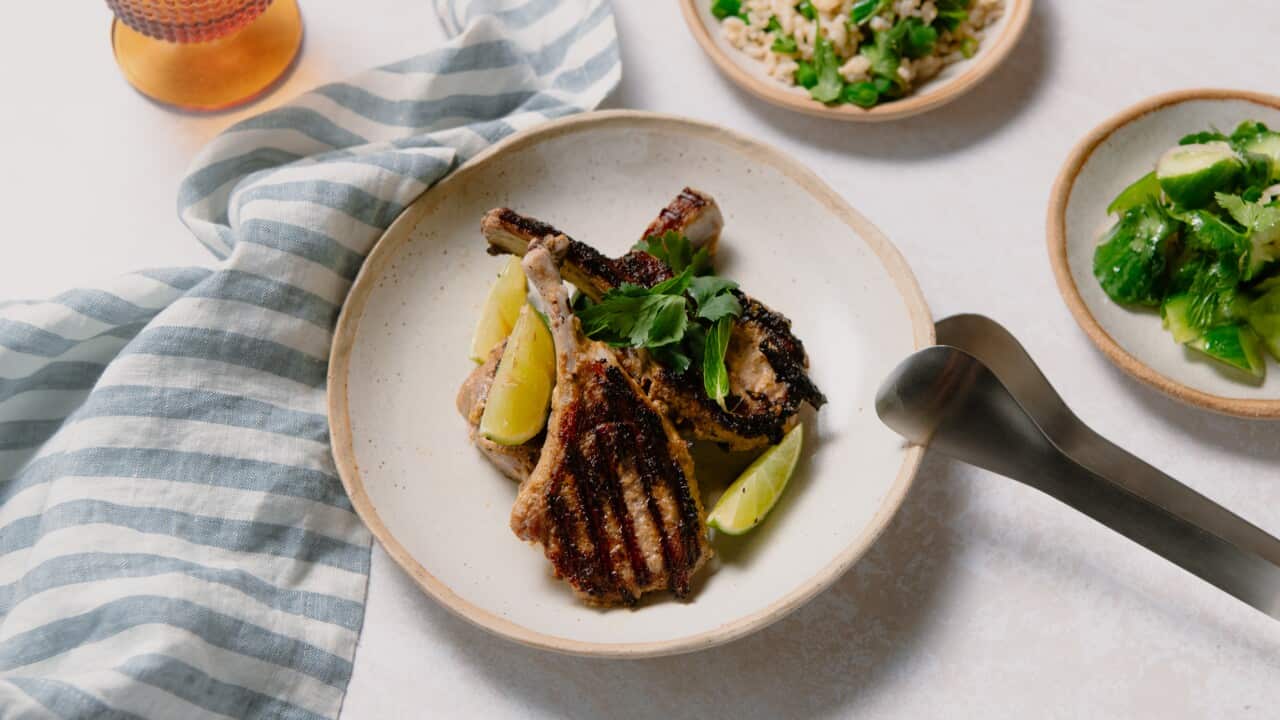 Balinese lamb cutlets, brown rice and cucumber salad