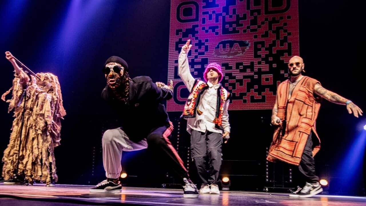 The Ukrainian band Kalush Orchestra perform during a Eurovision event in Amsterdam