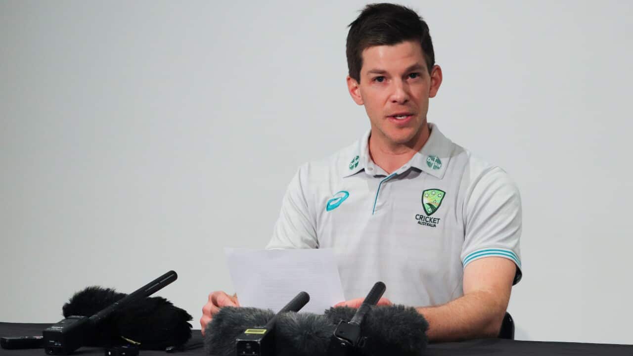 Tim Paine speaks to the media during a press conference at Bellerive Oval in Hobart, Tasmania.