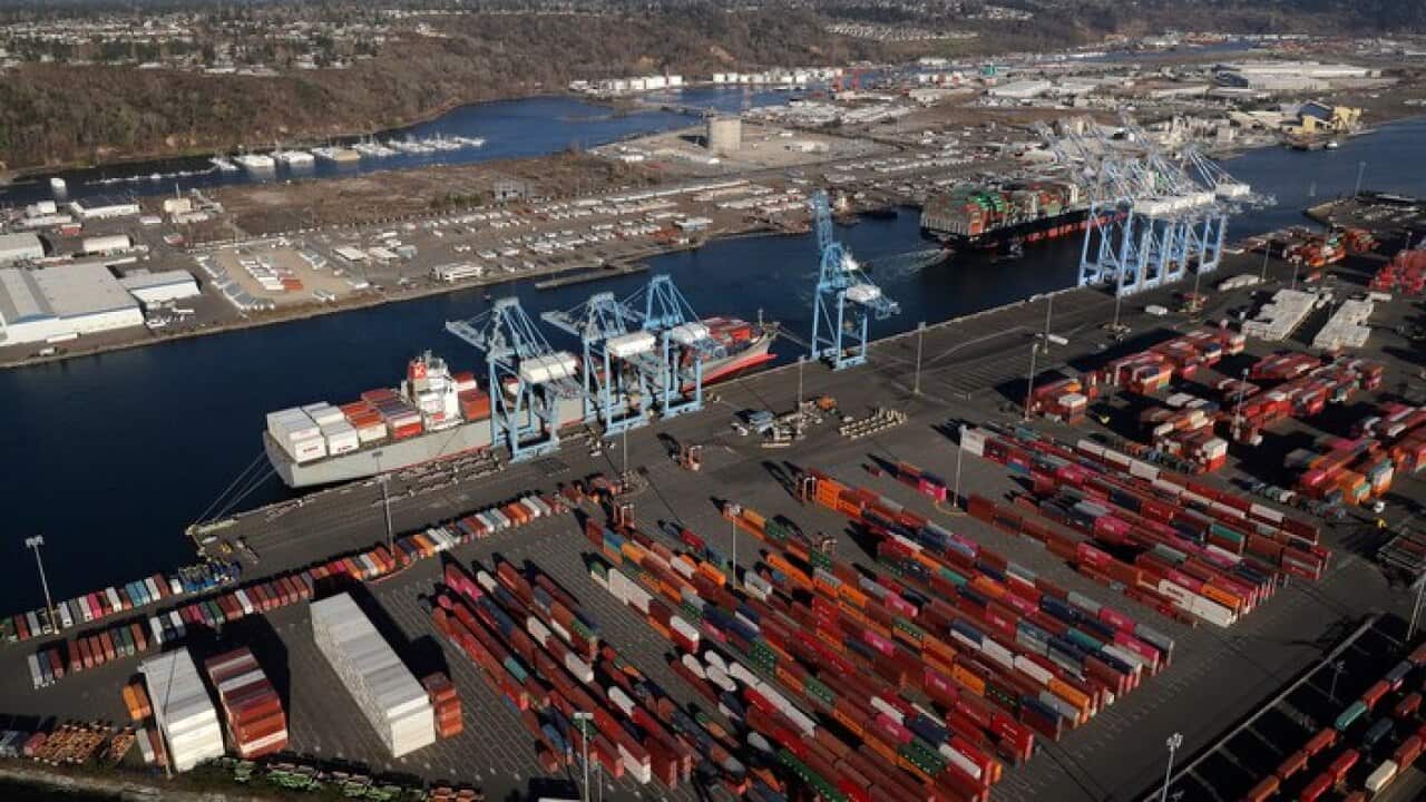 Chinese cargo containers at the US Port of Tacoma in Washington state