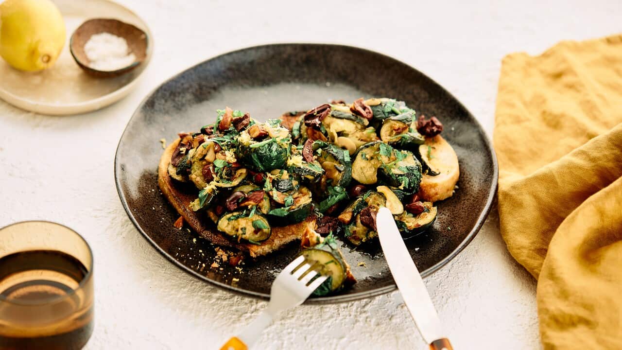 Smashed Zucchini and Smoked Almonds on Sourdough from Freshly Picked