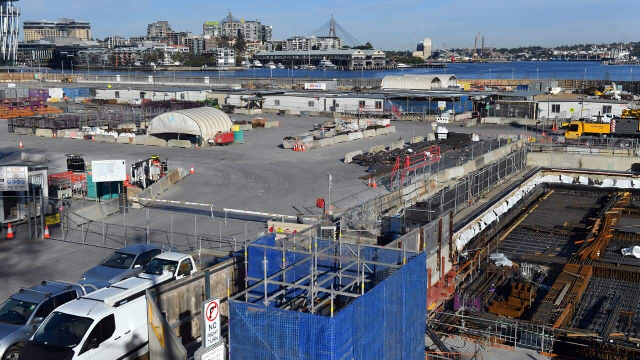 An empty construction site at Barangaroo Point in Sydney, following the lockdown