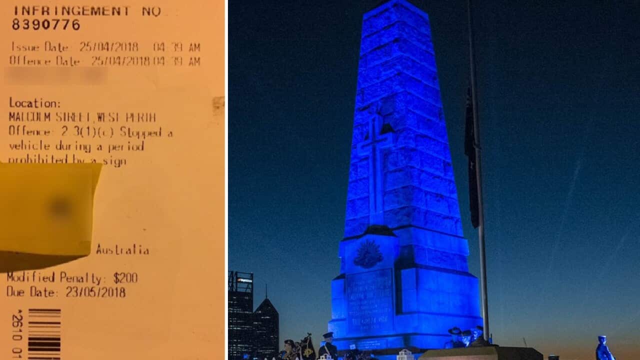One of the fines (left) and the ANZAC day dawn service in Perth (right).