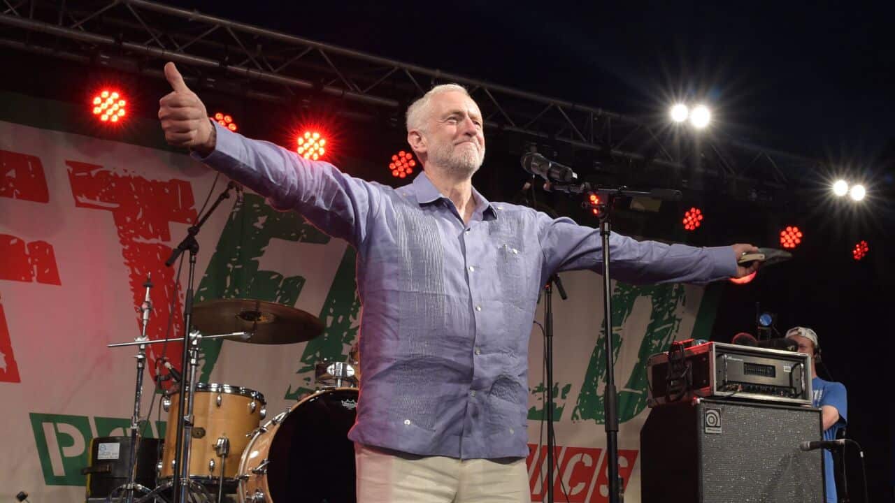Labour leader Jeremy Corbyn addresses the crowd from the stage at LeftField at Glastonbury Festival, at Worthy Farm in Somerset.. Picture date: Saturday June 24, 2017. See PA story POLITICS Corbyn. Photo credit should read: Ben Birchall/PA Wire