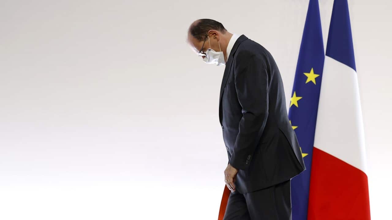 French Prime Minister Jean Castex leaves a press conference in Paris