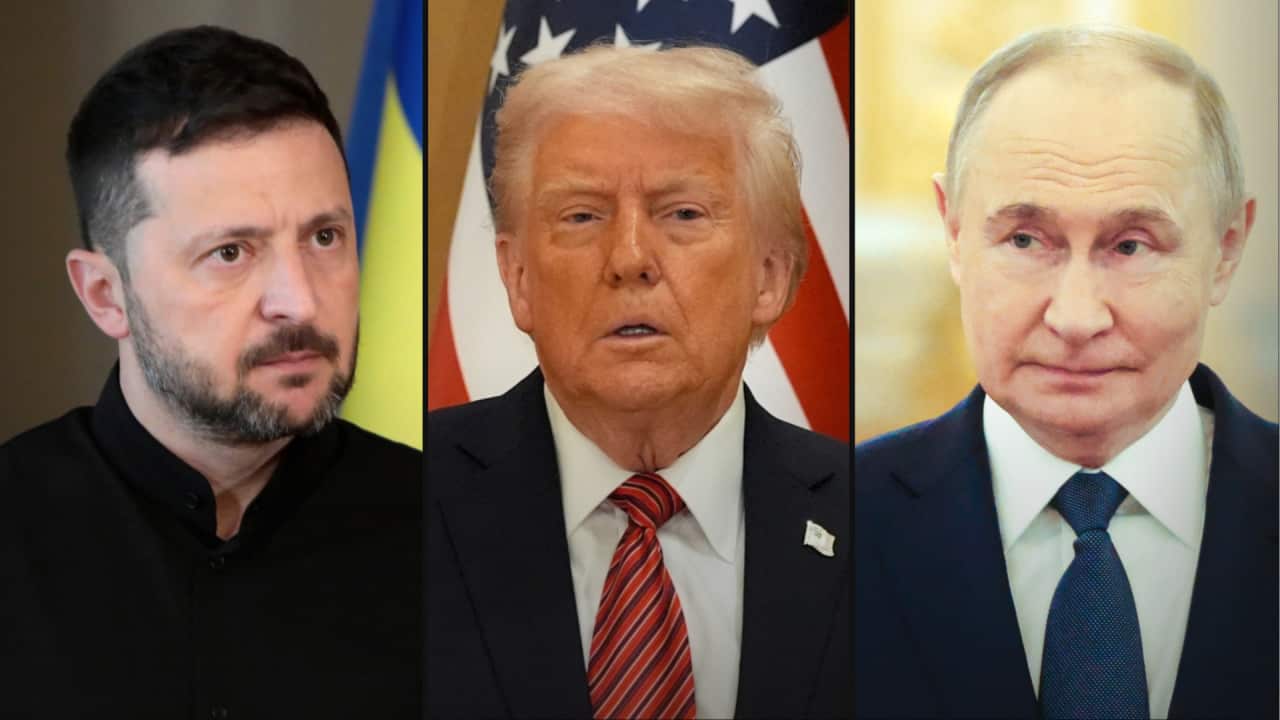 A three-way composite image of Volodymyr Zelenskyy on the left, Donald Trump in the centre and Vladimir Putin.