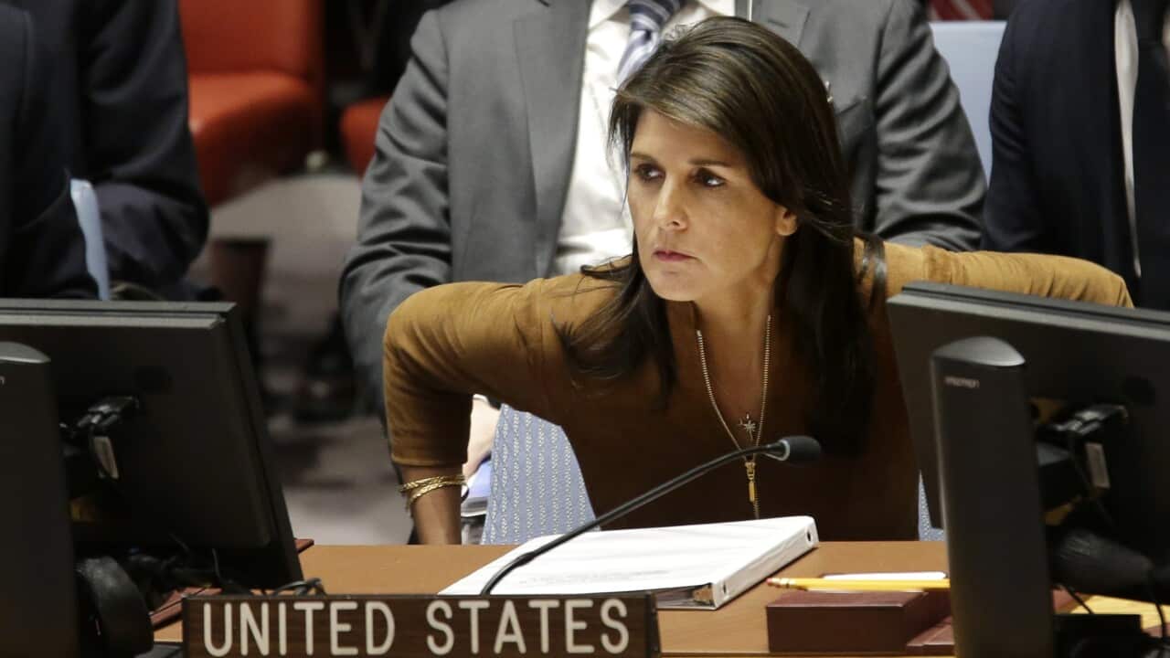 US Ambassador to the United Nations Nikki Haley sits down at the start of a Security Council meeting at UN headquarters, Monday, April 9, 2018