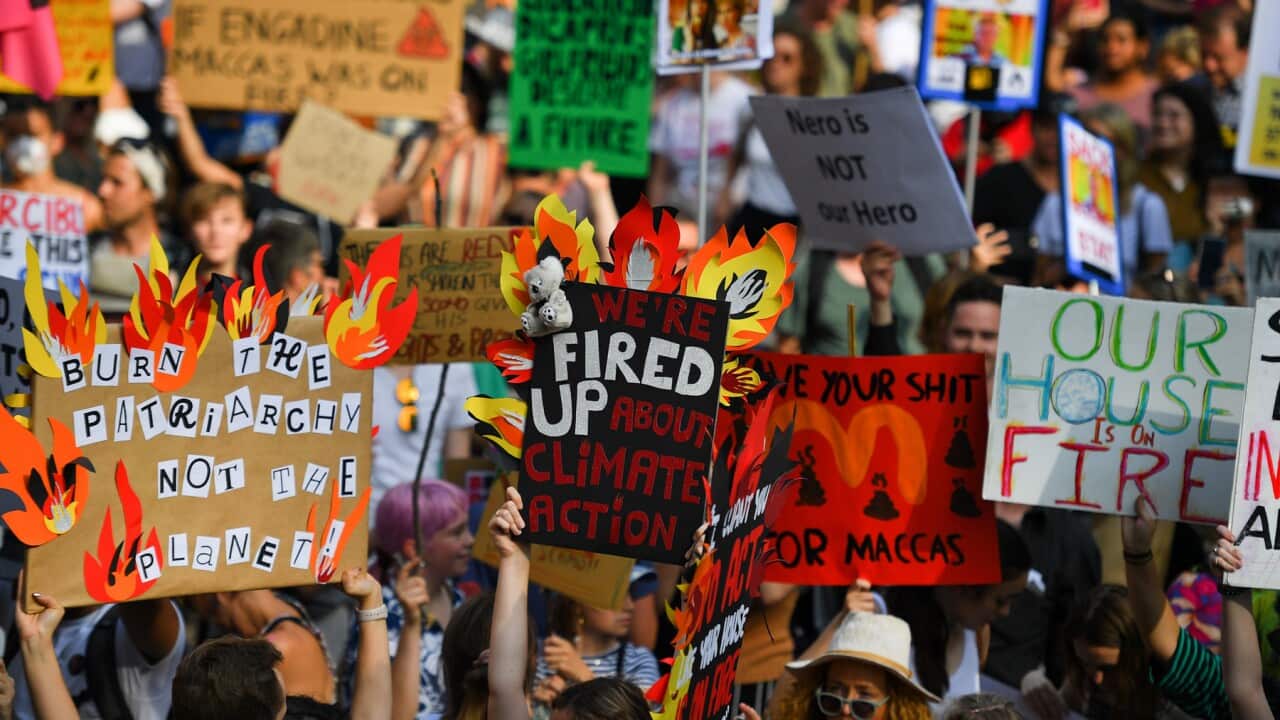 FILE - Protesters hold placards during a 'Sack ScoMo!' climate change rally in Sydney, Friday, January 10, 2020. (AAP Image/Steven Saphore) NO ARCHIVING