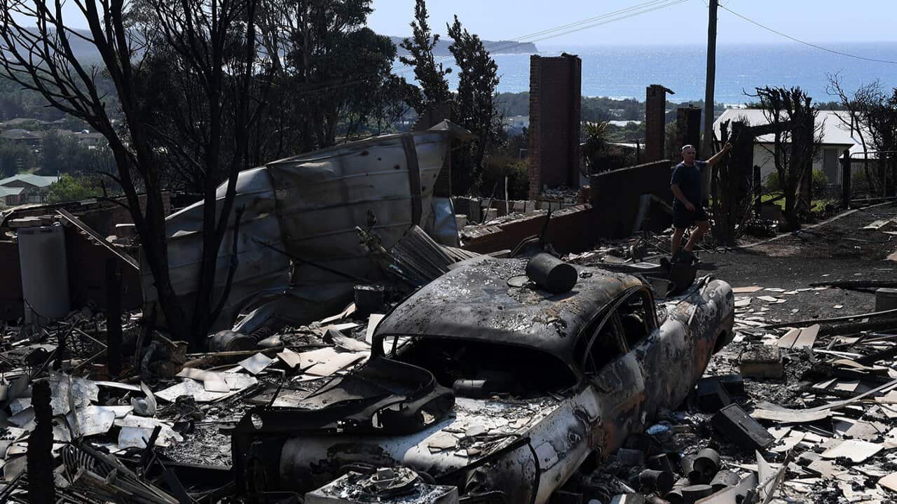 Some of the more than 70 houses and businesses destroyed by a bushfire in the coastal town of Tathra, Monday, March 19, 2018.