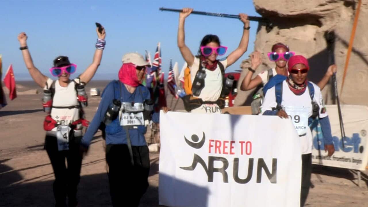 Zainab and Nelofar with other competitors in the Gobi Desert Ultramarathon.