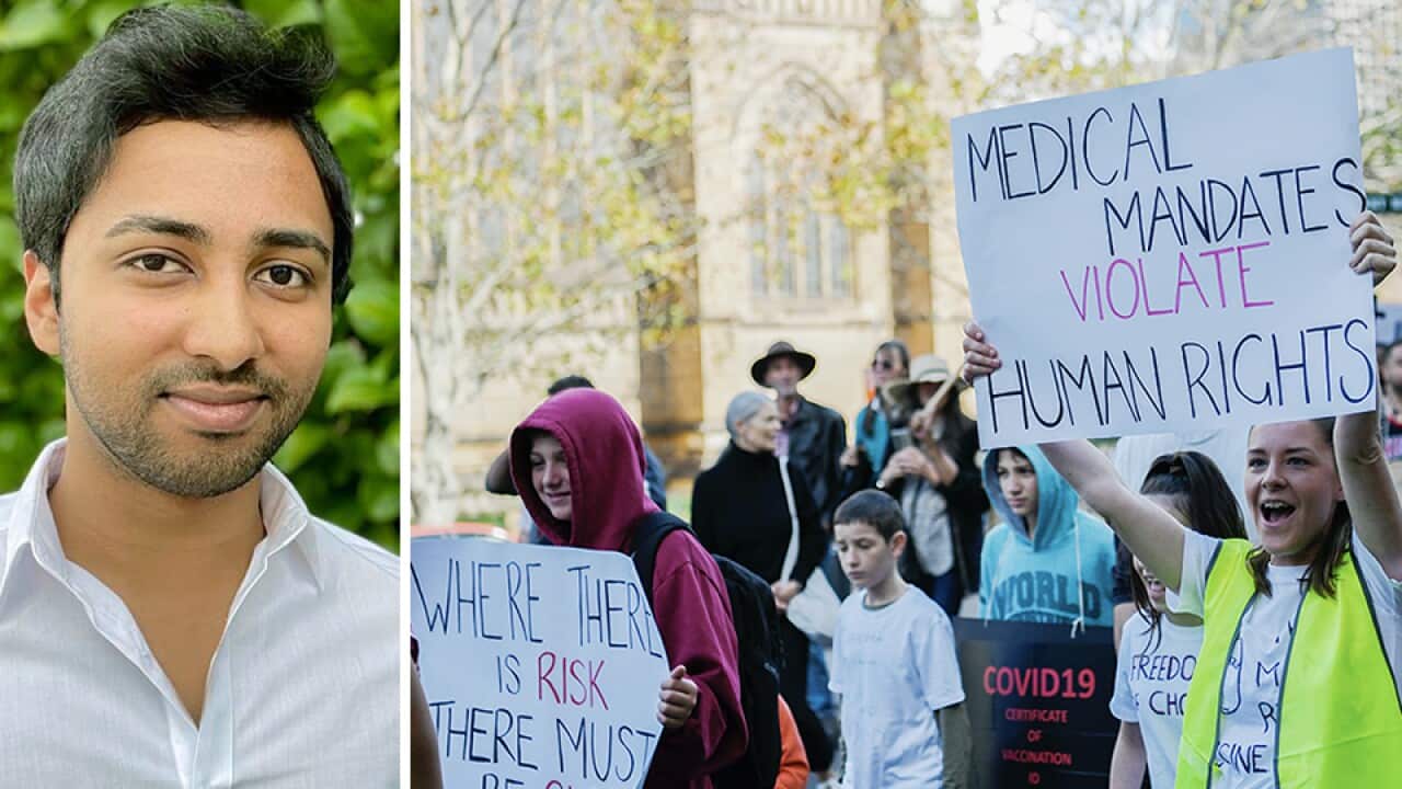 L: Navin Ravi; R: Protestors are seen holding placards during the 'Wake Up Australia!' march against mandatory vaccinations at Hyde Park in Sydney, May30,2020.