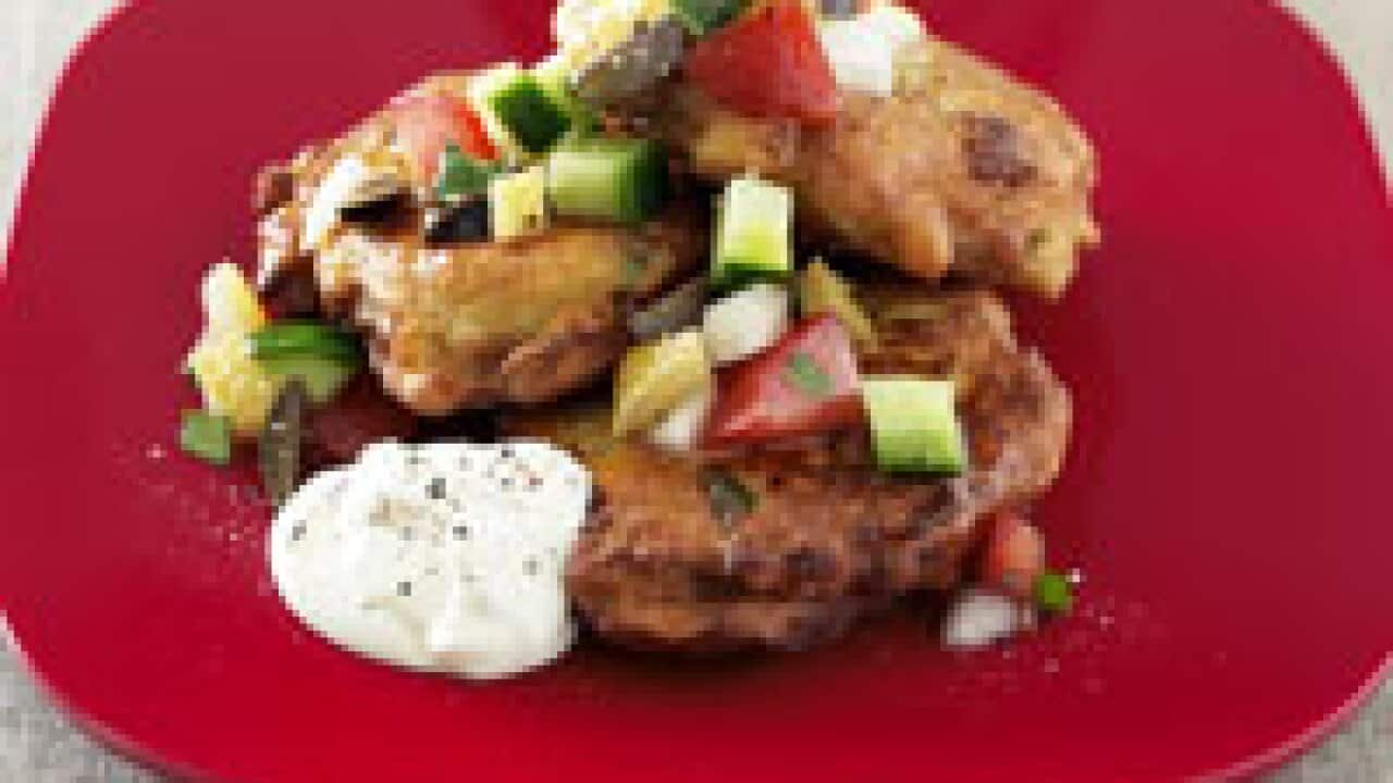 Chickpea fritters with tomato and olive salsa