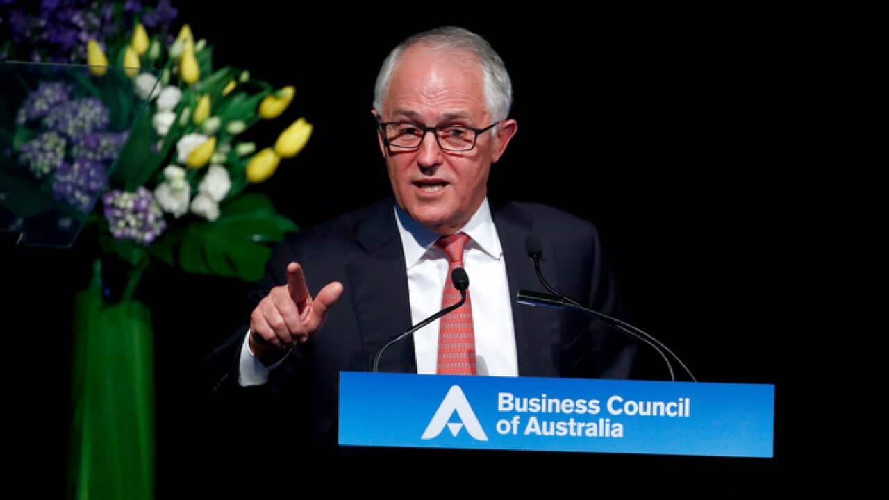 Prime Minister Malcolm Turnbull delivers a speech at the Business Council of Australia dinner in Sydney, Monday, November 20, 2017. (AAP Image/Daniel Munoz) NO ARCHIVING