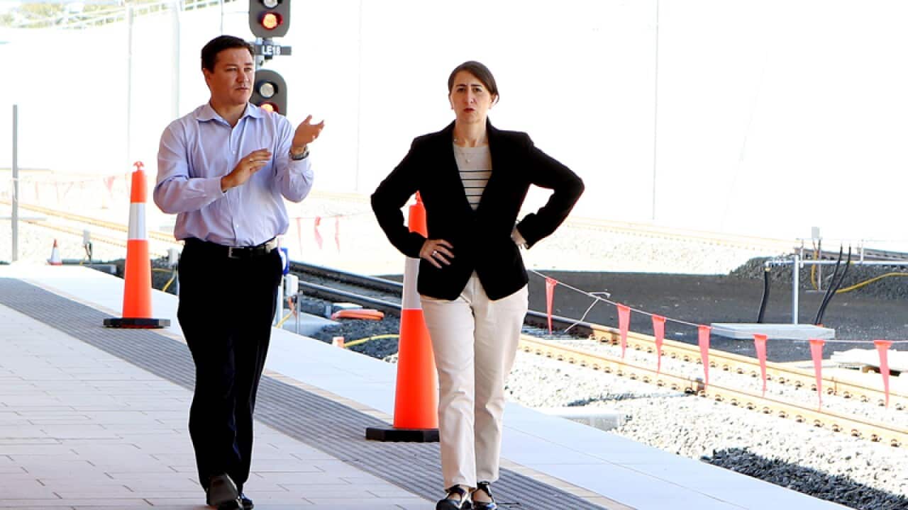 NSW Transport minister Gladys Berejiklian (R) at Leppington Station