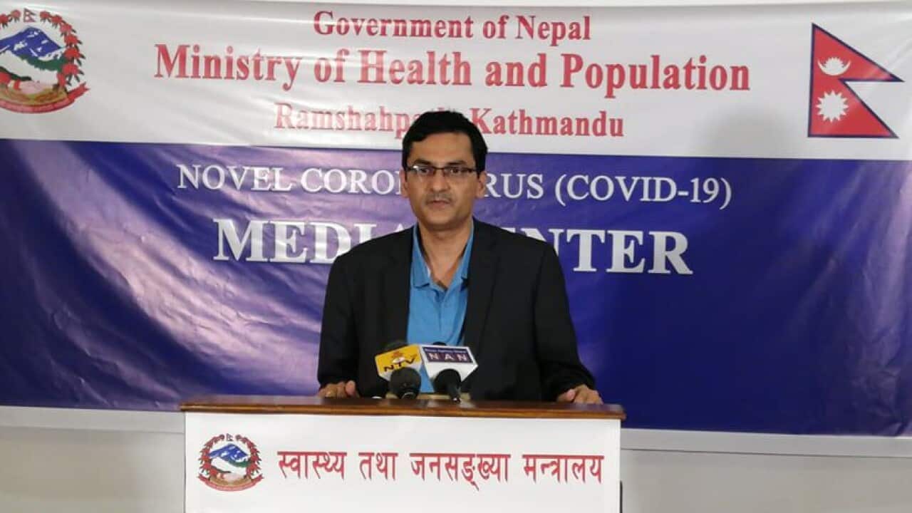 Dr Bikas Devkota from Nepal's Ministry of Health and Population providing coronavirus update to the media in Kathmandu, Nepal