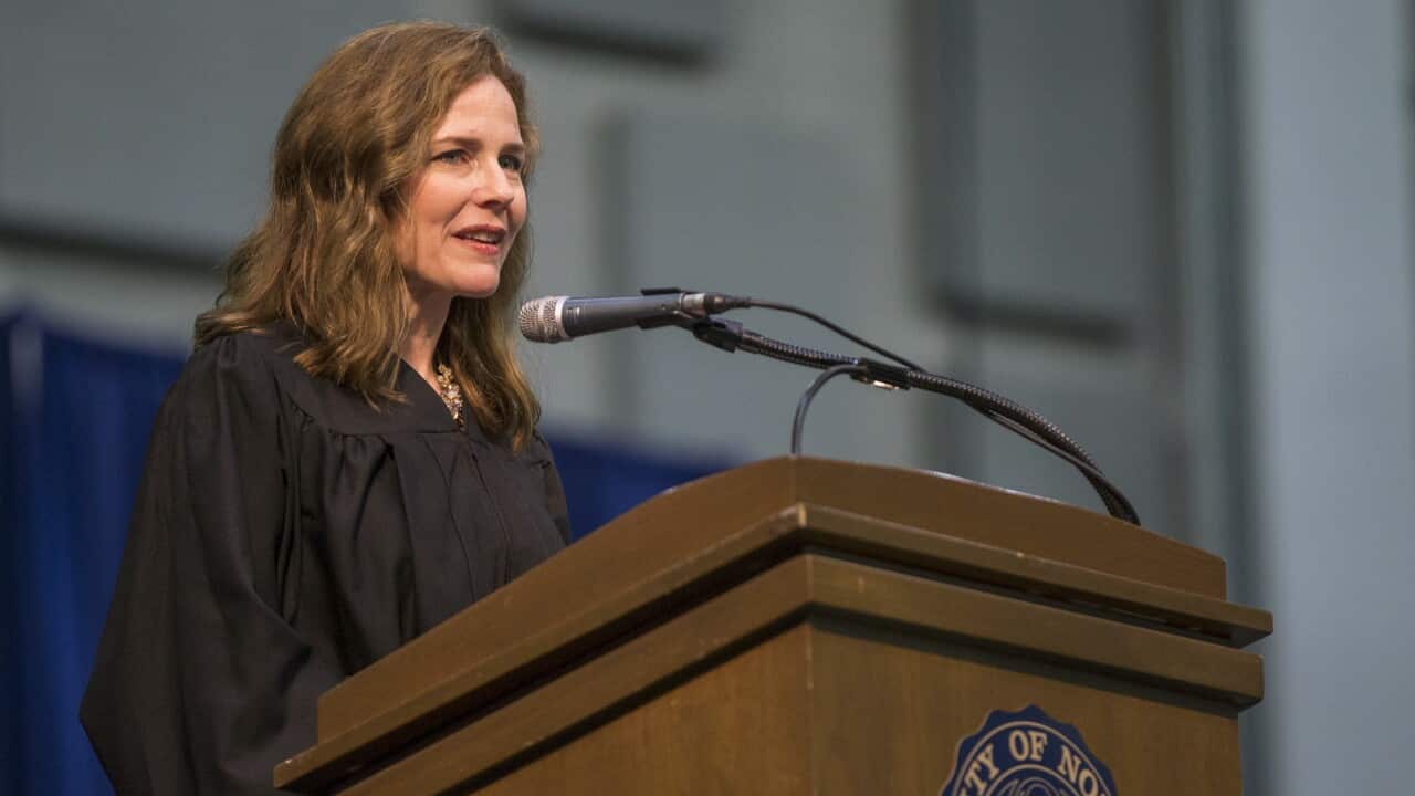 Judge Amy Coney Barrett speaks during the University of Notre Dame's Law School commencement ceremony in 2018.