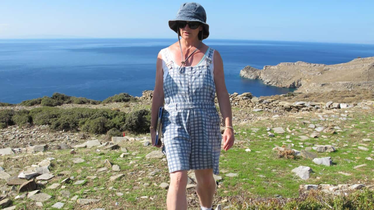 Lesley Beaumont at the Zagora site on Andros, Greece -I.Havlicek, Powerhouse Museum.jpg