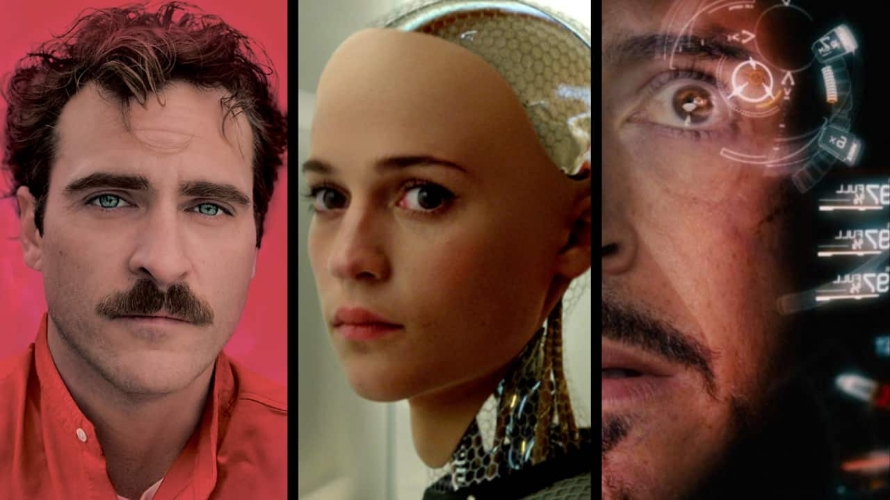 A collage of a man, robot woman and man in front of a hologram.