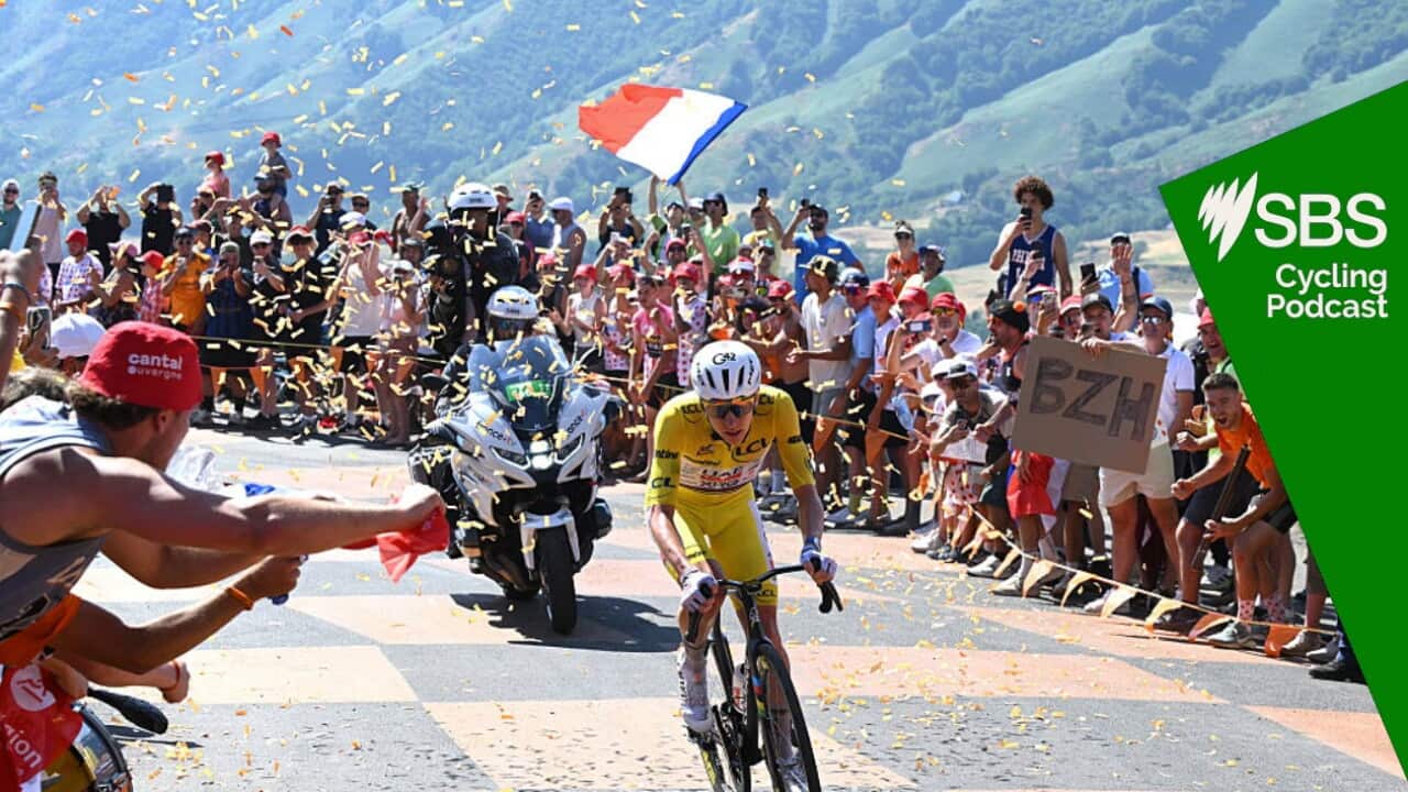 LE LIORAN, FRANCE - JULY 14: Tadej Pogacar of Slovenia and UAE Team Emirates - XRG - Yellow Leader Jersey competes in the breakaway while fans cheers during the 113th Tour de France 2026, Stage 10 a 166.6km stage from Aurillac to Le Lioran 1240m / #UCIWT / on July 14, 2026 in Le Lioran, France. (Photo by Dario Belingheri/Getty Images)