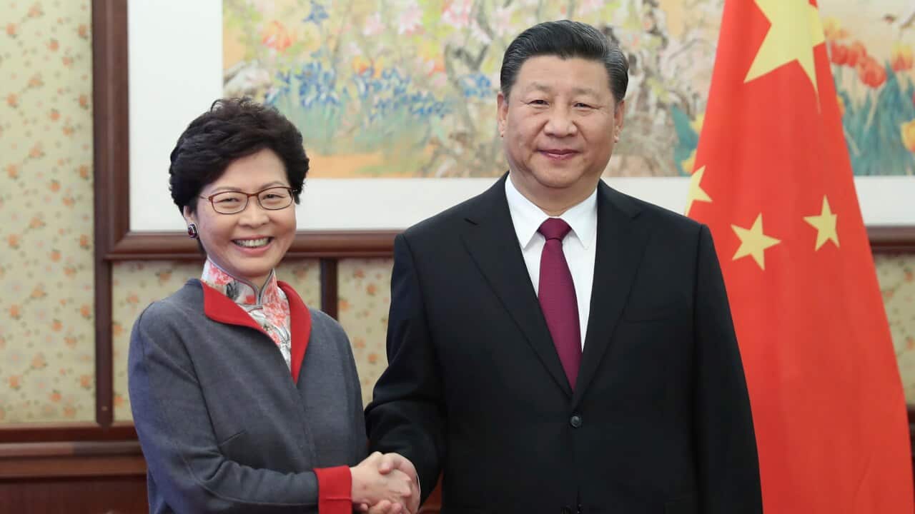 Hong Kong Chief Executive Carrie Lam, left, shakes hands with Chinese President Xi Jinping in Beijing, Friday, Dec. 15, 2017.