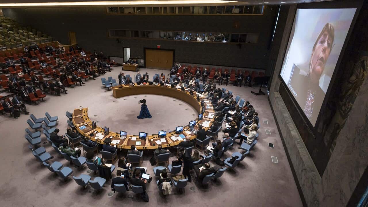 The United Nations Security Council hearing a briefing from the U-N High Commissioner for Human Rights, Michelle Bachelet, during a meeting related to Russia’s invasion of Ukraine (AAP)