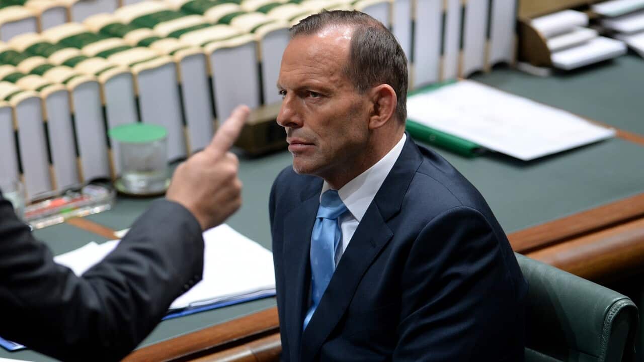 Prime minister Tony Abbott listens to a response from his government during question time in the house of representatives today. (AAP)