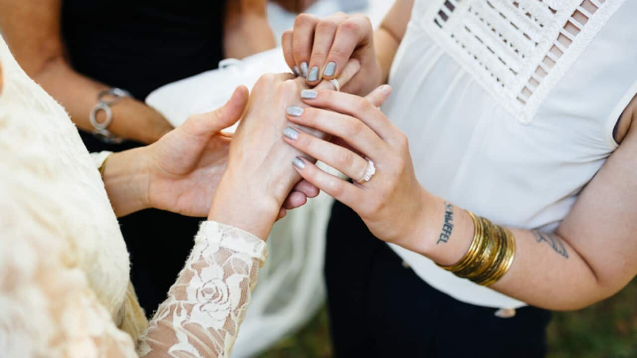 Hands of a lesbian couple during their wedding