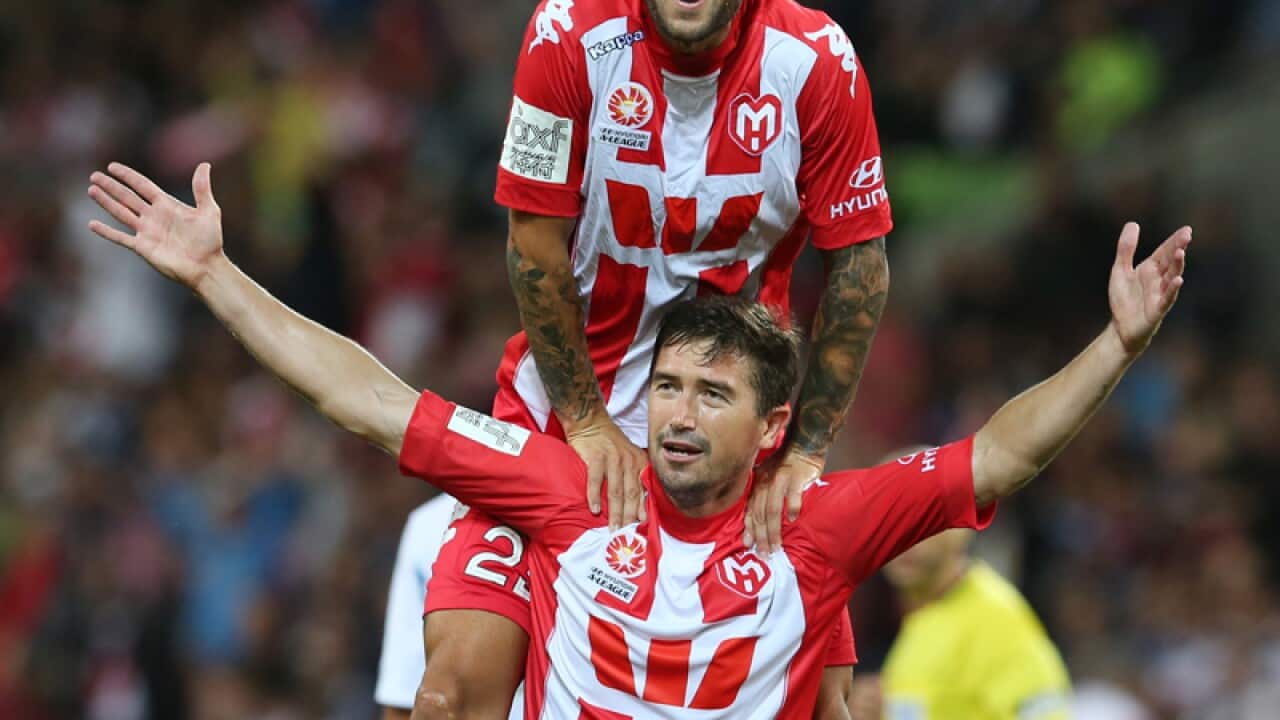 Melbourne Heart celebrate after scoring a goal