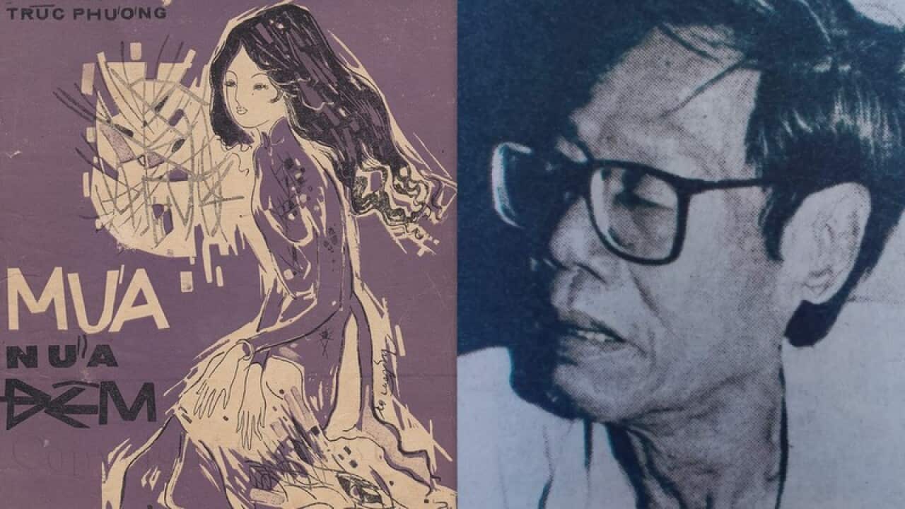 Nhạc sĩ Trúc Phương và bìa bài hát của ông.