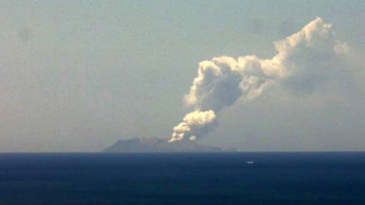 A plume of ash rising from the Whakaari or White Island volcano