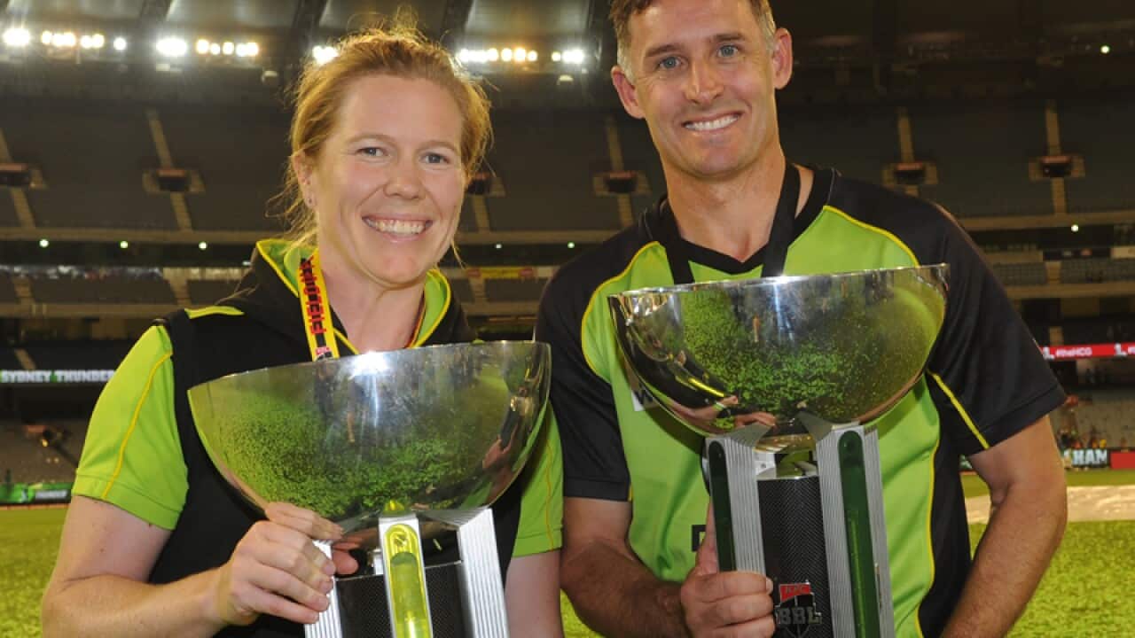 Alex Blackwell and Mike Hussey (r)