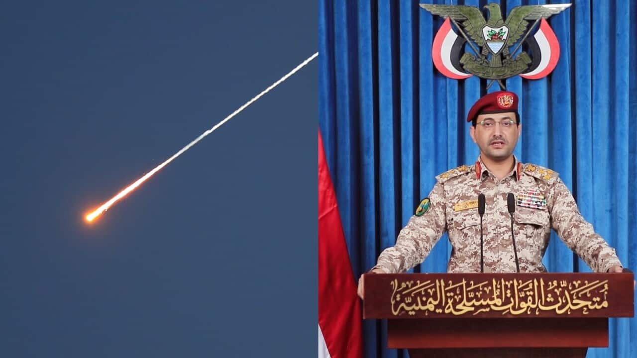 A composite of a missile and a Houthi spokesperson