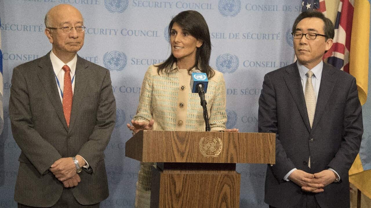 Koro Bessho Japanese ambassador, Nikki Haley US Ambassador and Oh Joon, South Korean Ambassador