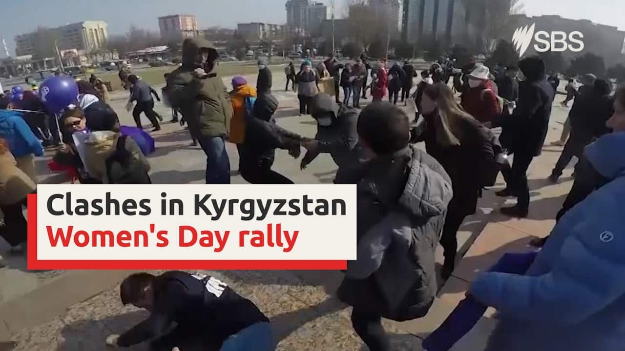 Protestsers in Kyrgyzstan Women's and children's rights when the unidentified men pushed into the crowd and tore away their banners.