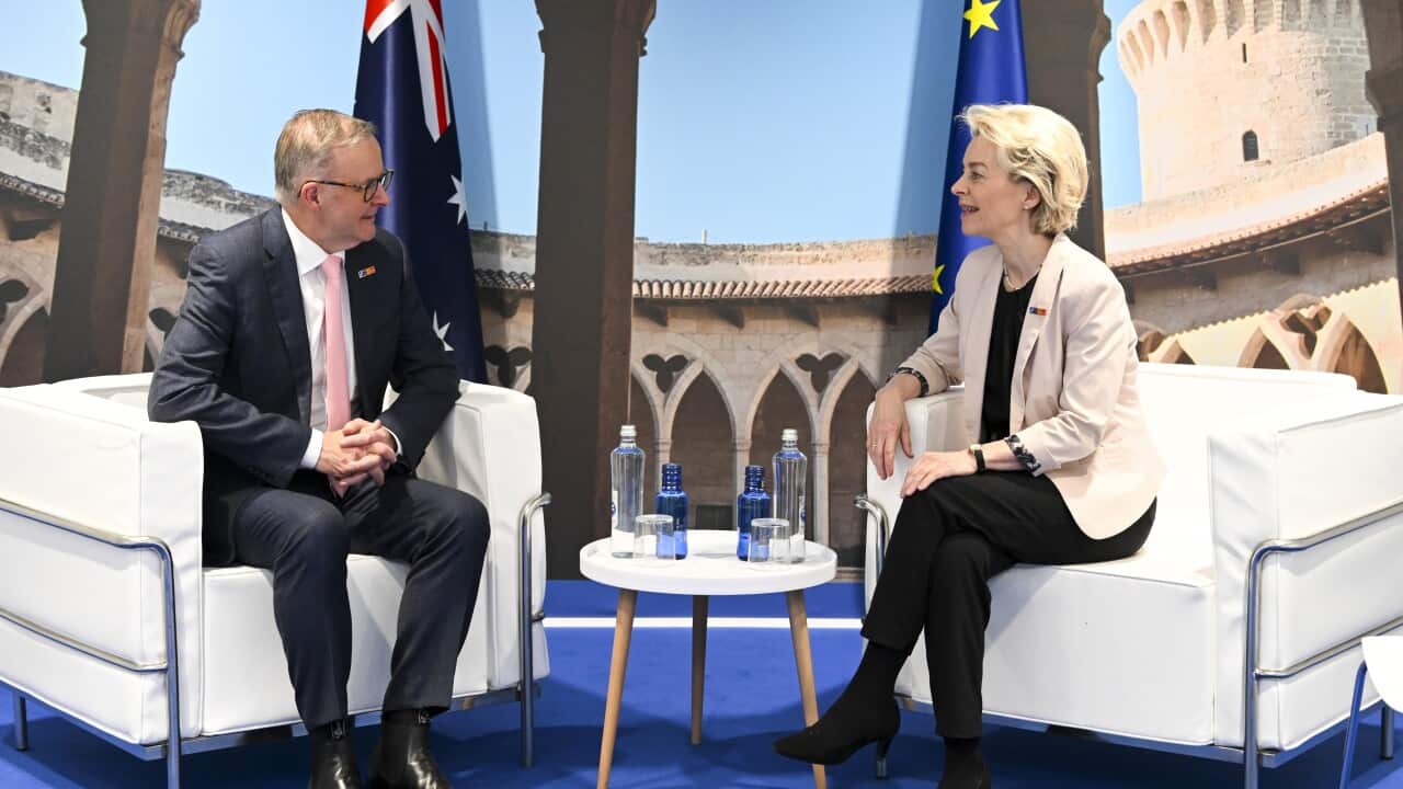 Australian Prime Minister Anthony Albanese (left) and the President of the European Commission Ursula von der Leyen sitting in chairs.
