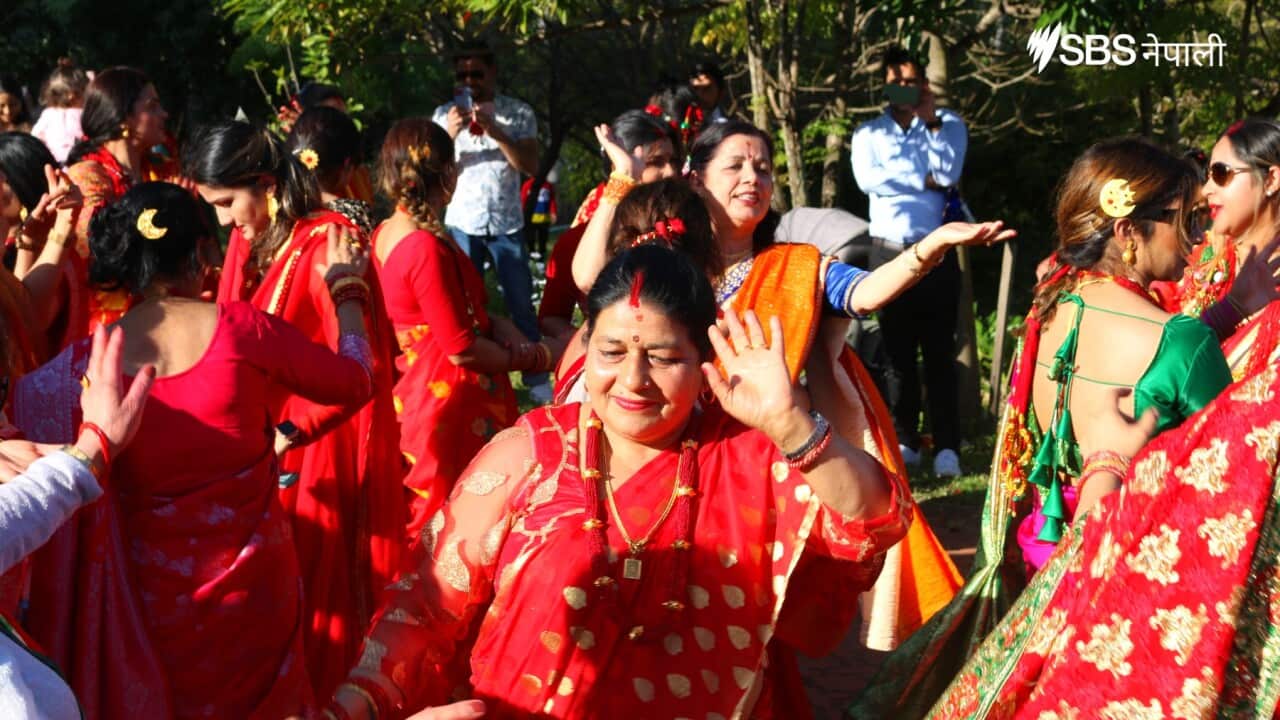 Nepali women dancing as they celebrate Teej in Sydney, Australia on 30 August, 2022.