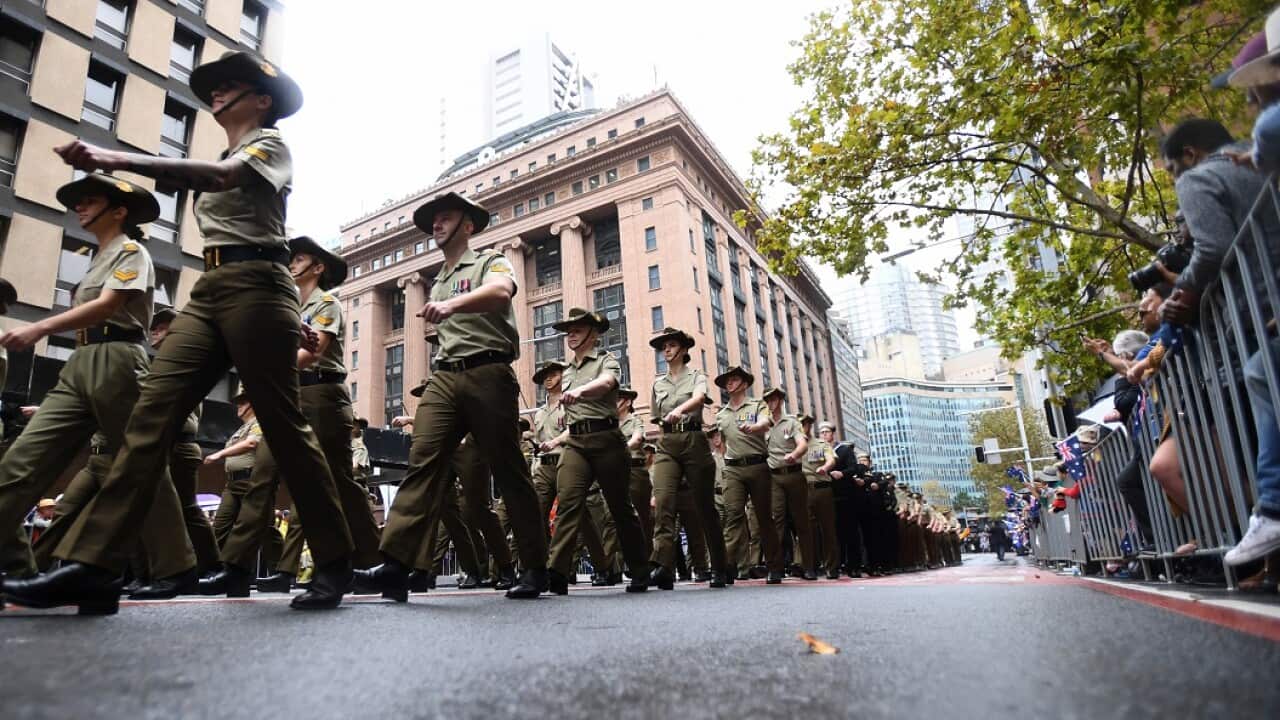 Soldiers march during the Anzac Day march in Sydney, Wednesday, April 25, 2018.