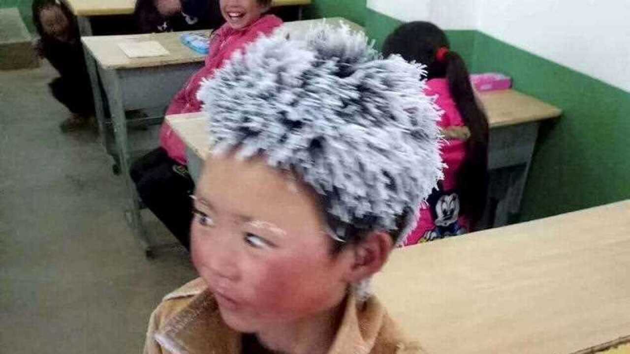 The primary student with frozen hair is pictured as he arrives at a primary school in Zhaotong city, southwest China's Yunnan province, 8 January 2018.