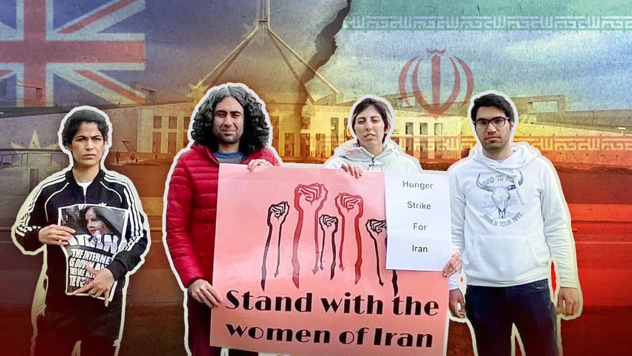 Artwork of two women and two men. One of the men and the women are holding placards. A large pink placard featuring raised hands reads Stand with the women of Iran. A smaller white poster reads Hunger strike for Iran. The background features Parliament House in Canberra and the Australian and Iranian flags.