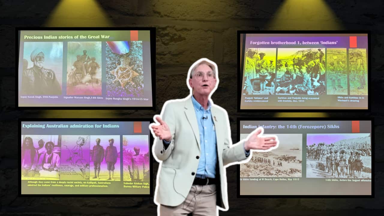 A collage of images showing Professor Peter Stanley and his slides showcasing images of soldiers from the WW1 Gallipoli campaign, including ANZAC and Indian - Sikh soldiers.