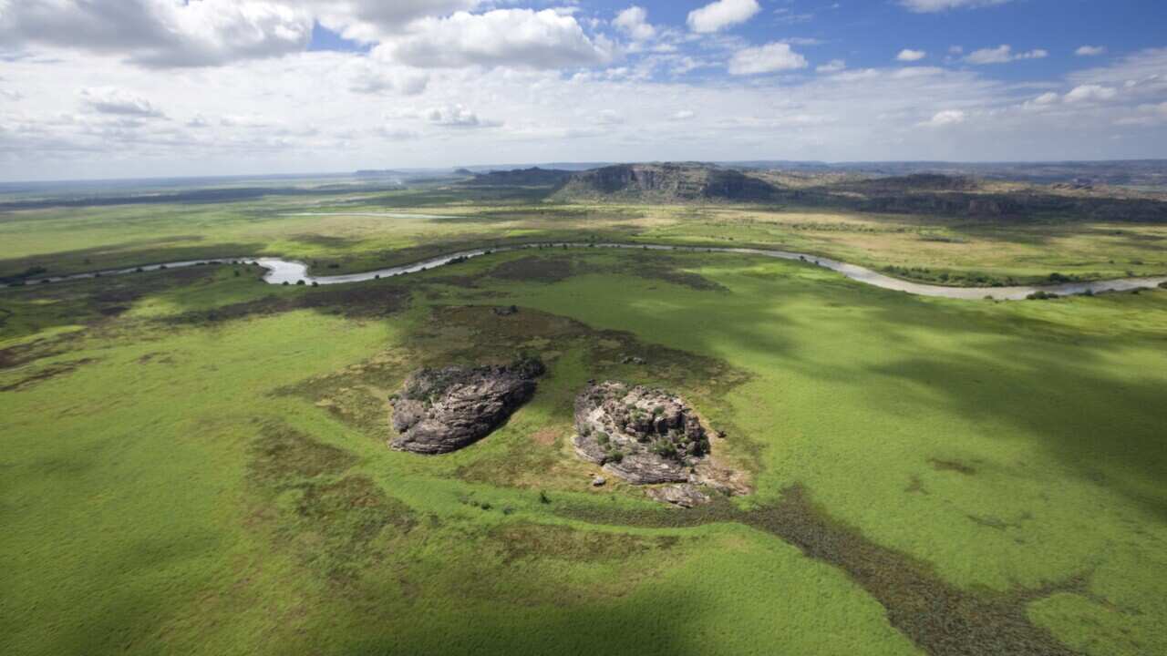 The view of the world heritage listed Kakadu National Park, and the East Alligator River, from a helicopter in 2009.