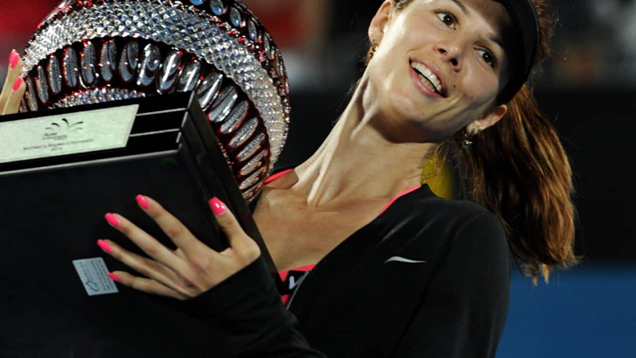 Tsvetana Pironkova of Bulgaria with the Sydney International trophy
