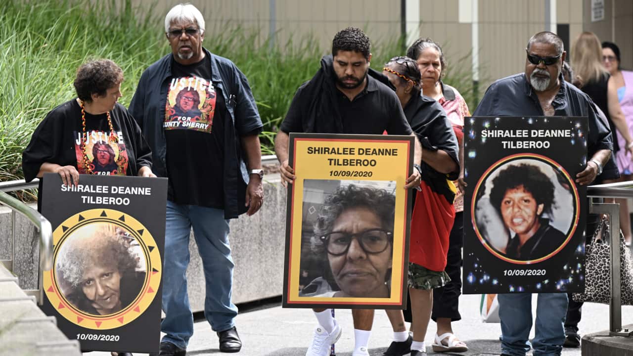 Family and friends of Shiralee Tilberoo, who died in the Brisbane Watch House in September 2020 are seen arriving at the Brisbane Coroners Court, in Brisbane, Wednesday, March 8, 2023. The Coroners Court is holding a joint inquest for two Indigenous women who died in custody.