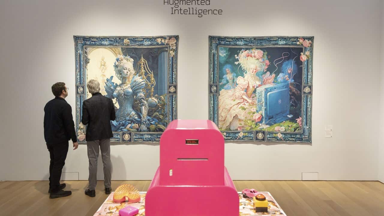 People look at two tapestries titled 'Marie Antoinette After the Singularity' created with AI (AAP)