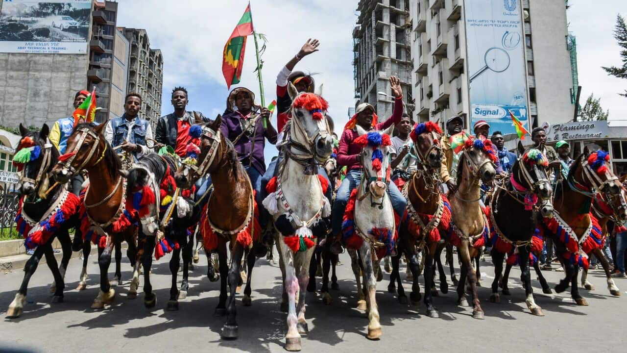Ethiopia's Oromo people gather to celebrate the return of the formerly banned anti-government group the Oromo Liberation Front (OLF) in Addis Ababa, in 2018.