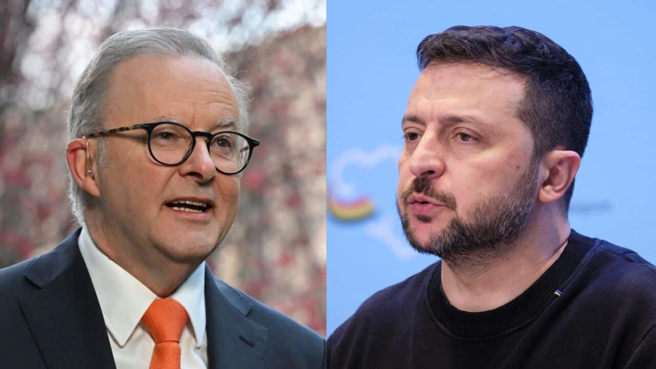 Composite image of Anthony Albanese and Volodymyr Zelenskyy