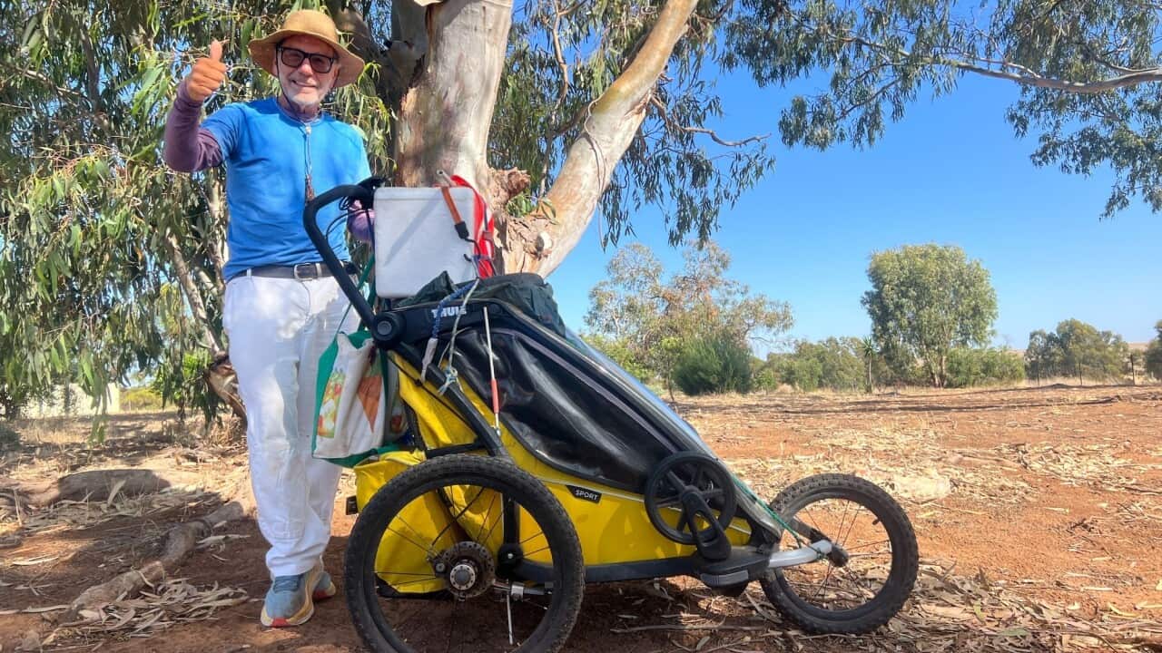 A man in the outback standing next to a buggy.